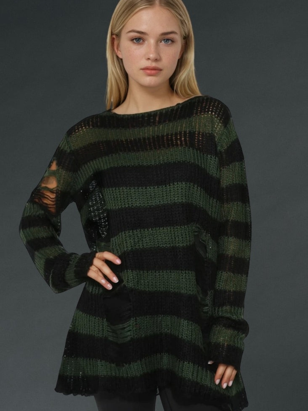 Pretty Attitude Oversized Distressed Stripe Knit Sweater - Black & Green